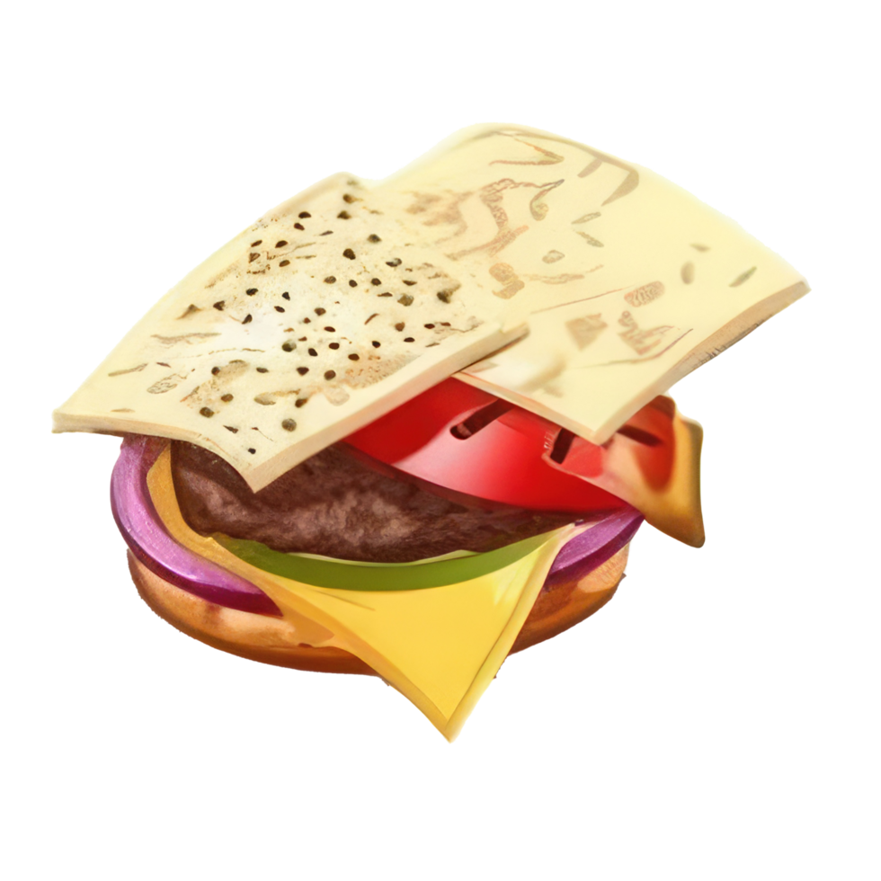 burger with meat, tomato, lettuce, cheese, and sauce . png