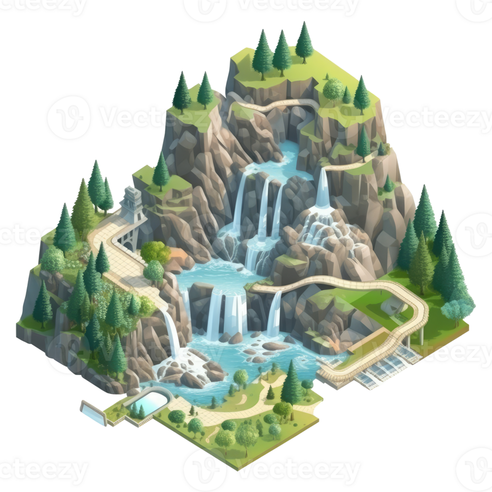 landscape consists of terraced plateaus with multicolored waterfalls and 3D floating islands . png