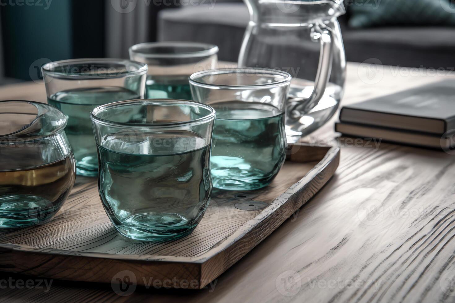 Glass water and coffee mugs with white black and green highlights loftstyle basic art and exquisite product flooring are decorations. photo