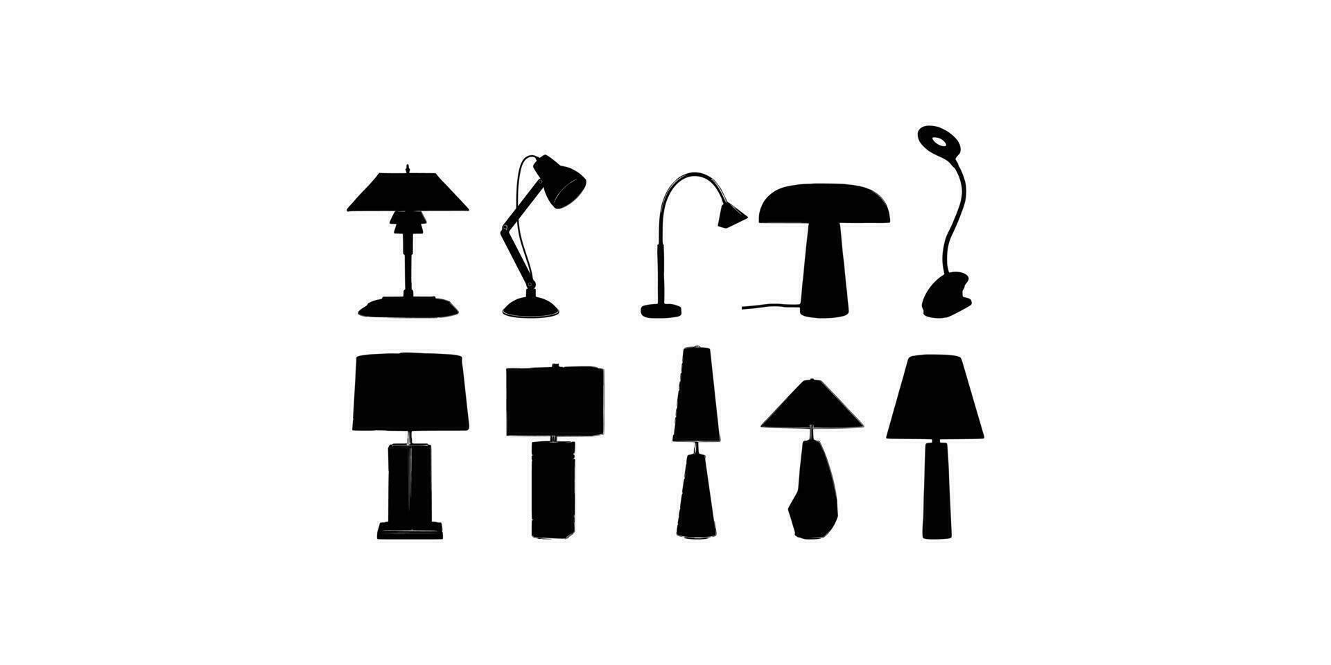 Ten Table light silhouette, lamps Flat style vector illustration. Black light, lamp silhouette set, lamps set.