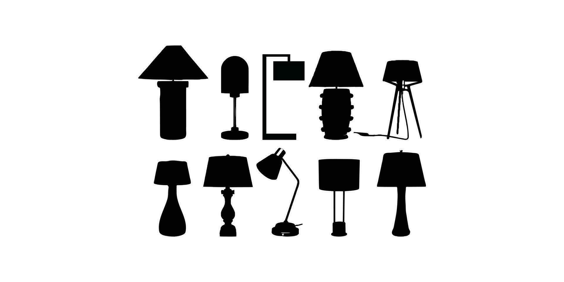 Ten Table light silhouette, lamps Flat style vector illustration. Black light, lamp silhouette set, lamps set.