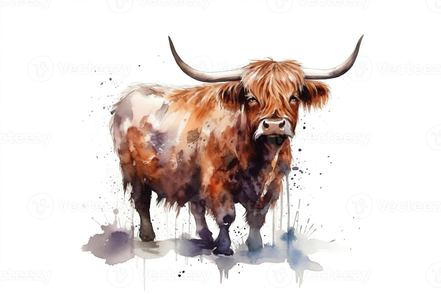 Highland cow isolated on white background farm animals handpainted watercolor illustration agriculture farmland nature village landscape organic farming. photo