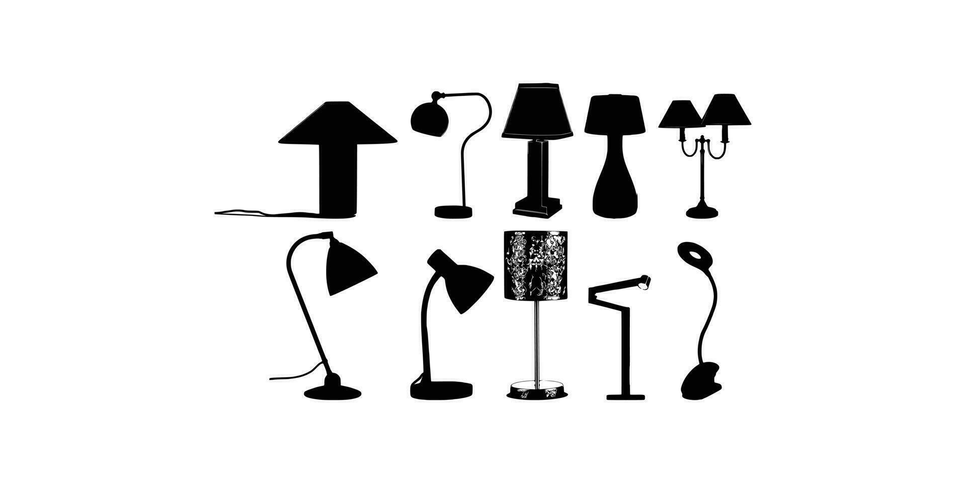 diez mesa ligero silueta, lamparas plano estilo vector ilustración. negro luz, lámpara silueta colocar, lamparas colocar.