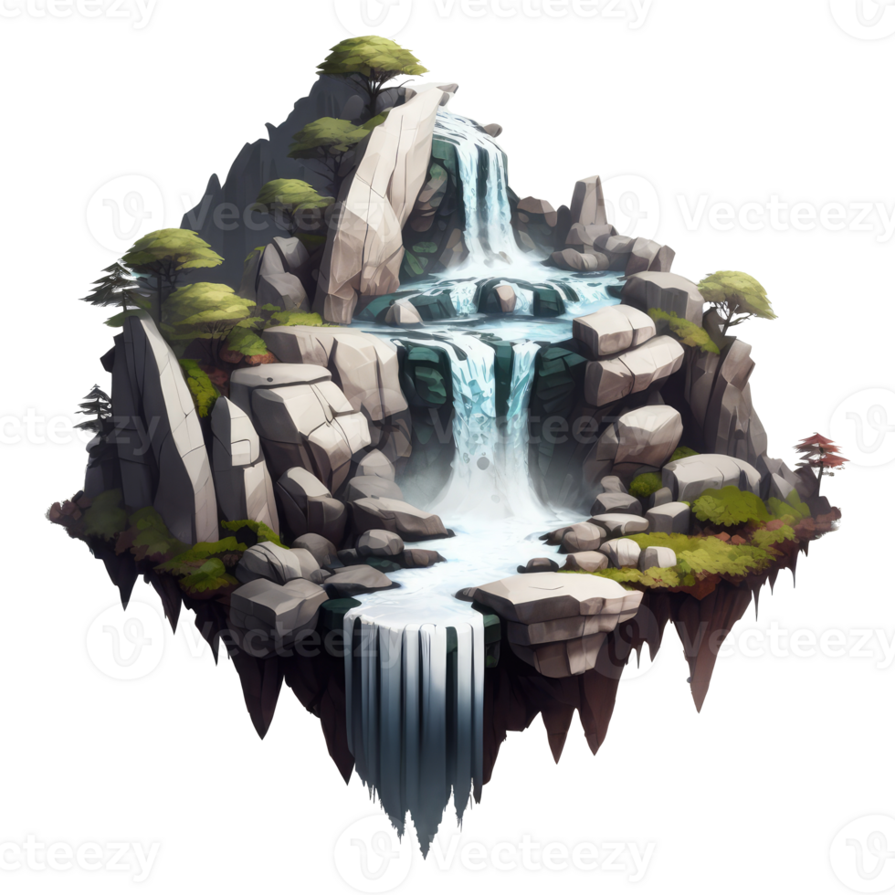 landscape consists of terraced plateaus with multicolored waterfalls and 3D floating islands . png