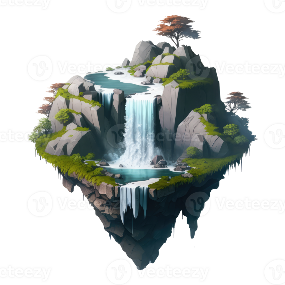 landscape consists of terraced plateaus with multicolored waterfalls and 3D floating islands . png