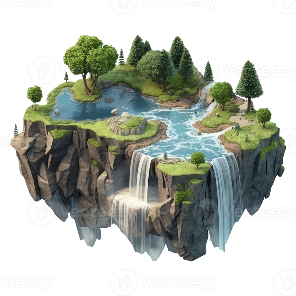 landscape consists of terraced plateaus with multicolored waterfalls and 3D floating islands . png