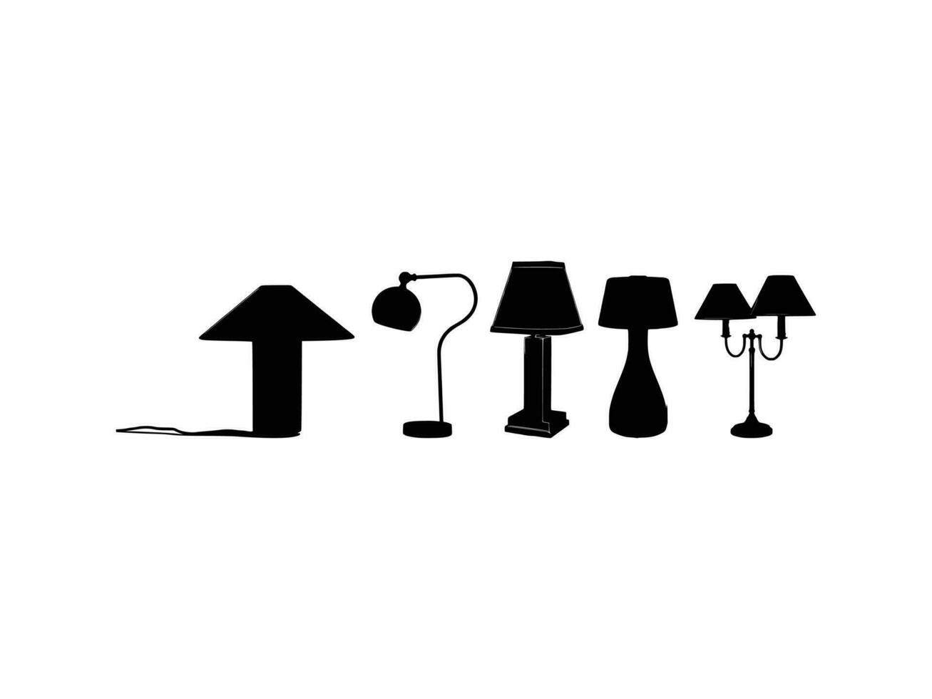 Five Table light silhouette, lamps Flat style vector illustration. Black light, lamp silhouette set, lamps set.