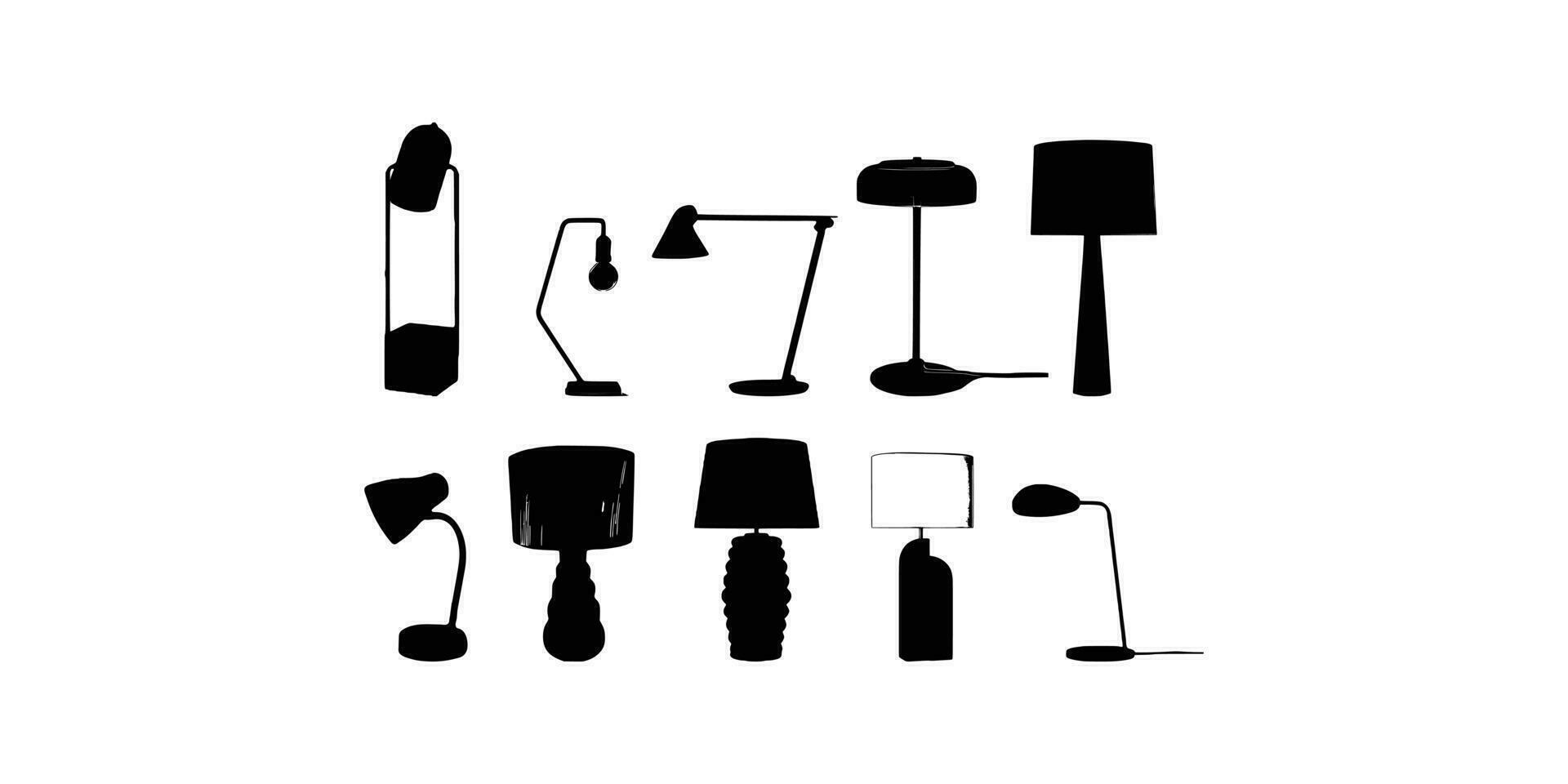 Ten Table light silhouette, lamps Flat style vector illustration. Black light, lamp silhouette set, lamps set.