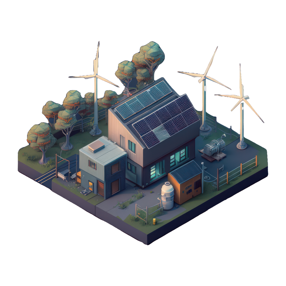 renovável energia com verde energia Como vento turbinas e solar painéis . ai gerado png