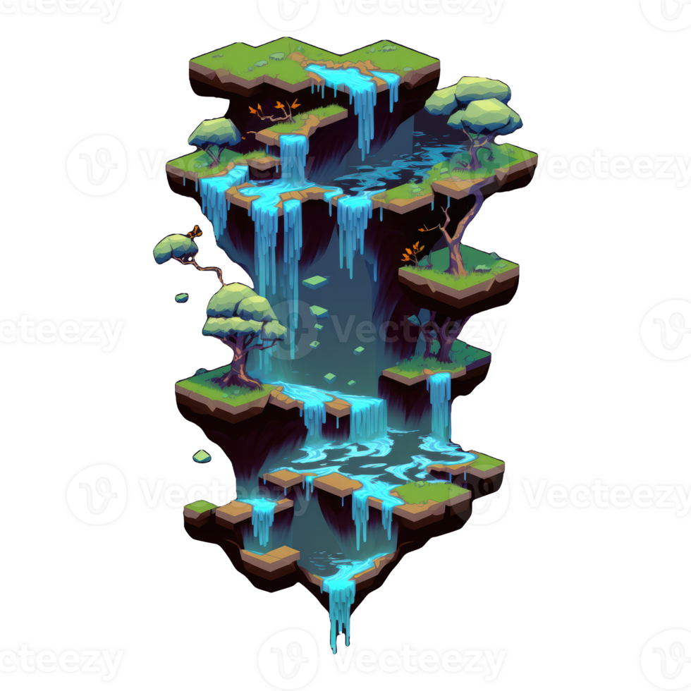 landscape consists of terraced plateaus with multicolored waterfalls and 3D floating islands . png