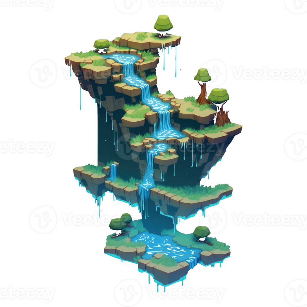 landscape consists of terraced plateaus with multicolored waterfalls and 3D floating islands . png