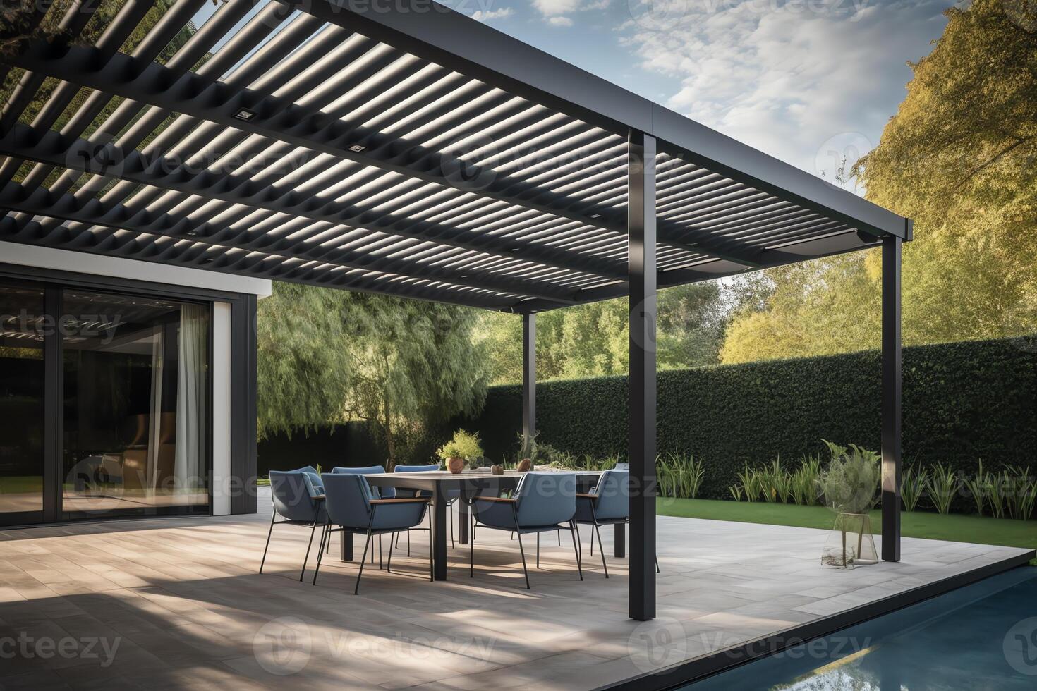 Modern patio furniture include a pergola shade structure an awning a patio roof a dining table seats and a metal grill. photo