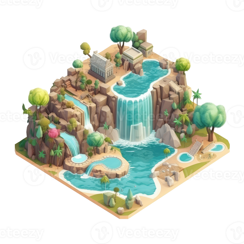 landscape consists of terraced plateaus with multicolored waterfalls and 3D floating islands . png