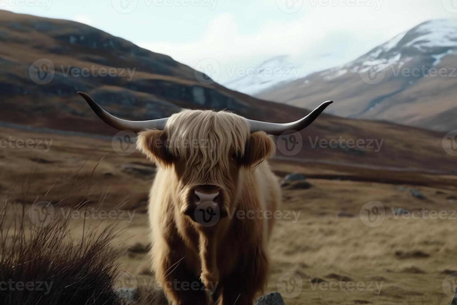 Lowangle view of a fluffy highland cow with long horns a mountain is out of focus in the distance. photo