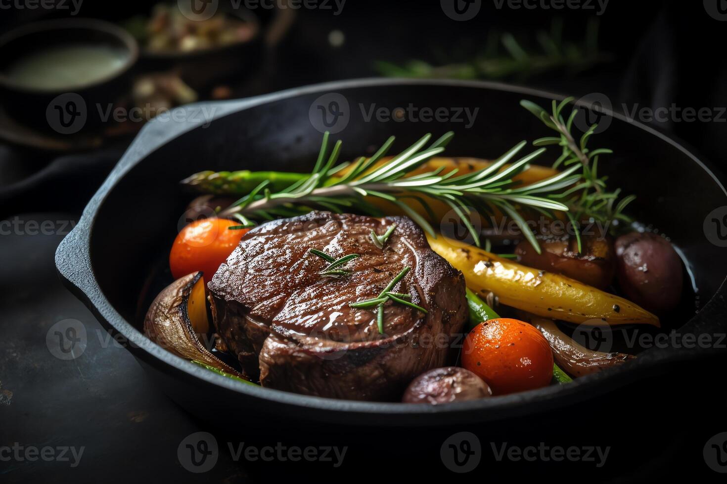 Springtime grilled steak and veggies fresh from the farm on your table sizzling filet steak with rosemary in an iron pan with nice lighting and backdrop art. photo