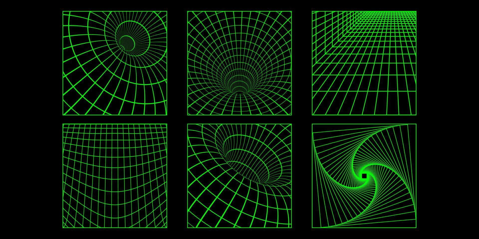 3D wireframe posters with geometric shapes and grids in trendy retro cyberpunk 80s 90s style. Y2k aesthetic vector