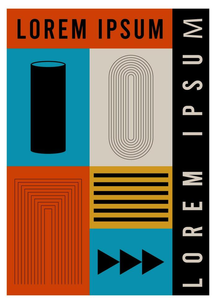 Abstract brutalism poster with geometric figures and shapes. Swiss bauhaus retro design. vector