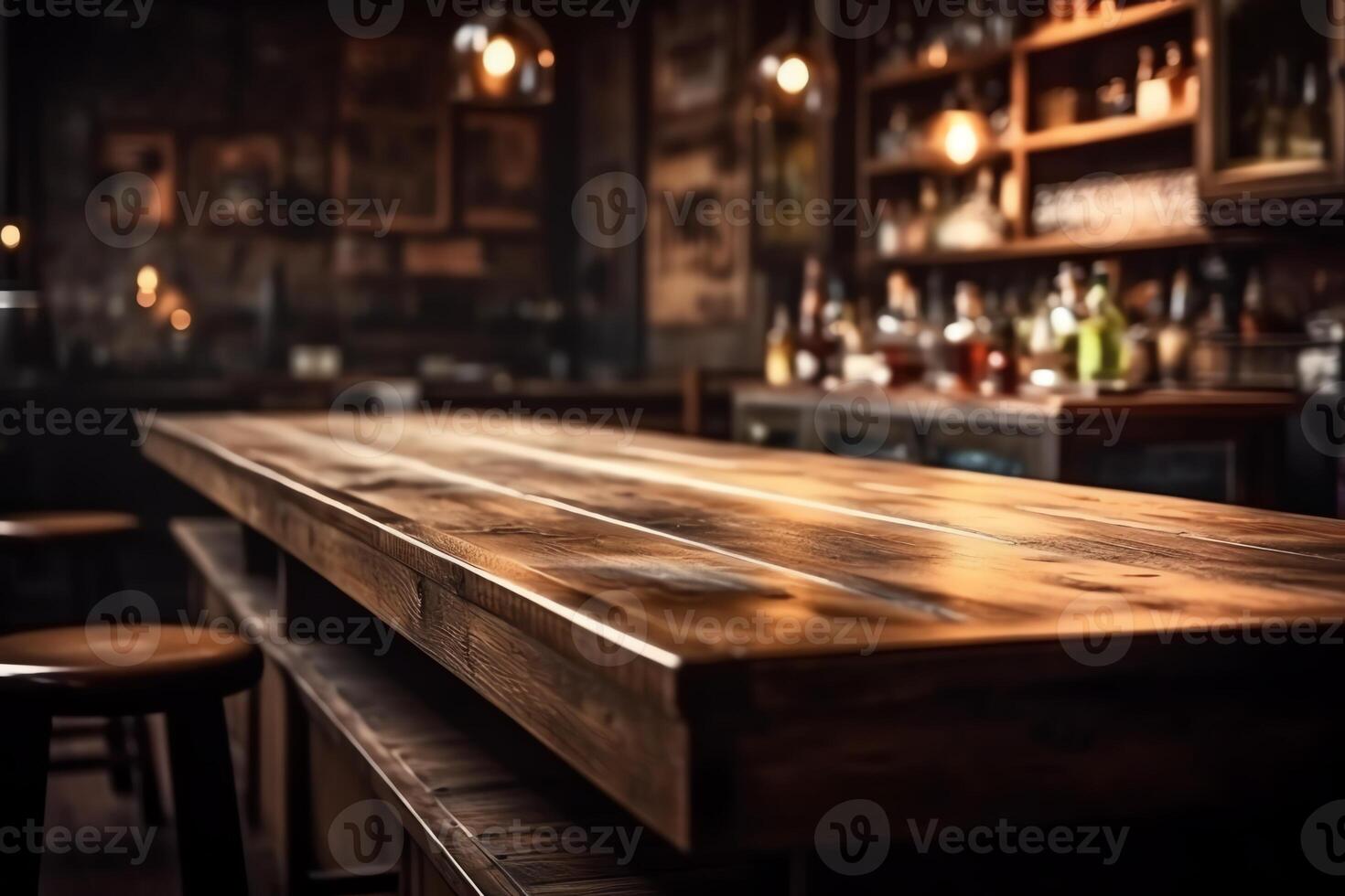 Blurred background of bar and dark brown desk space of retro wood. photo