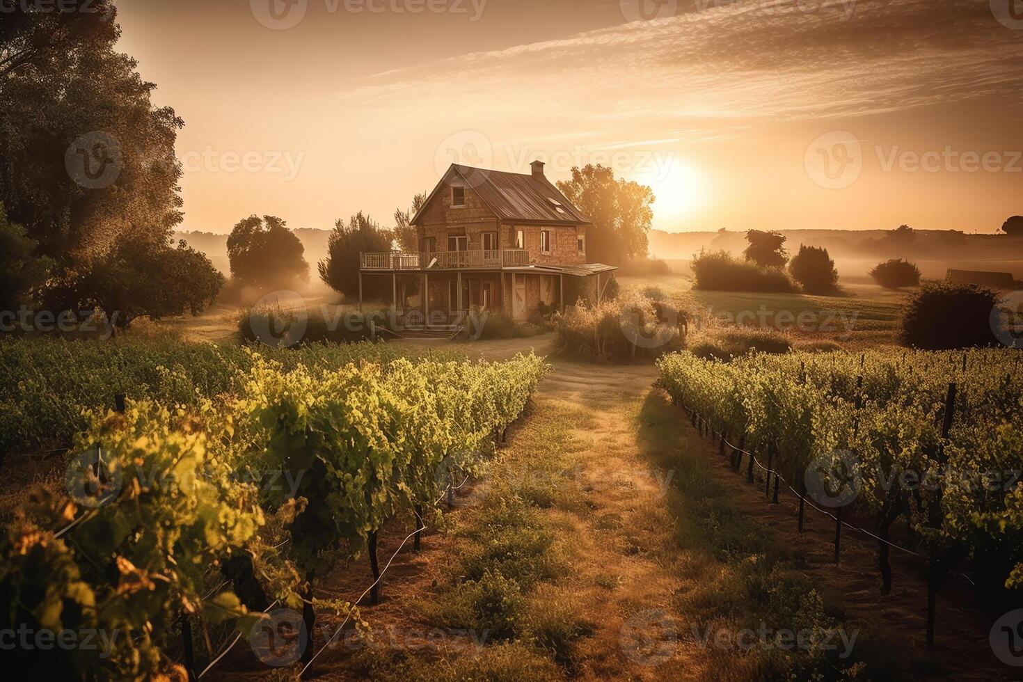 Idyllic farmhouse on rural vineyard glows golden sunset. photo