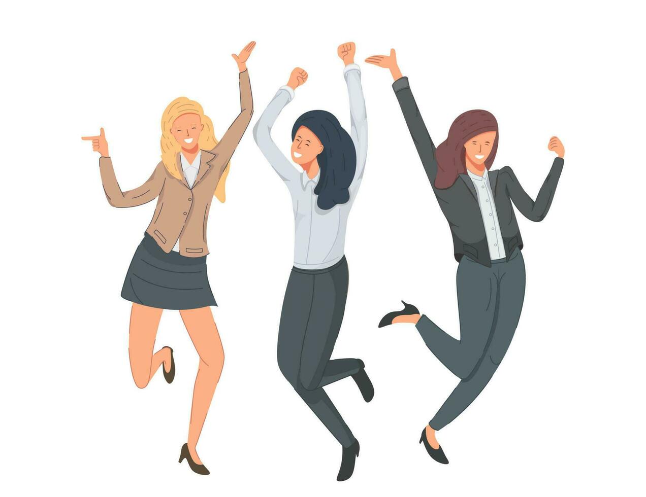 Group of happy women jumping for joy vector illustration. Business women celebrating victory.