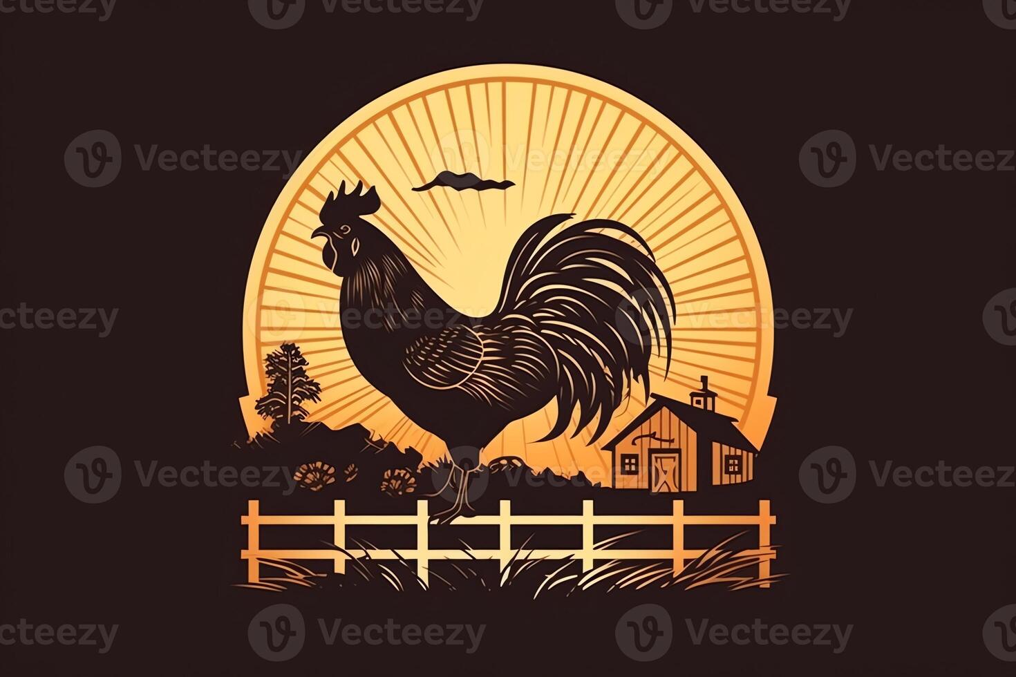 Rooster and barn with fence and grass in silhouette vintage logo illustration design. photo