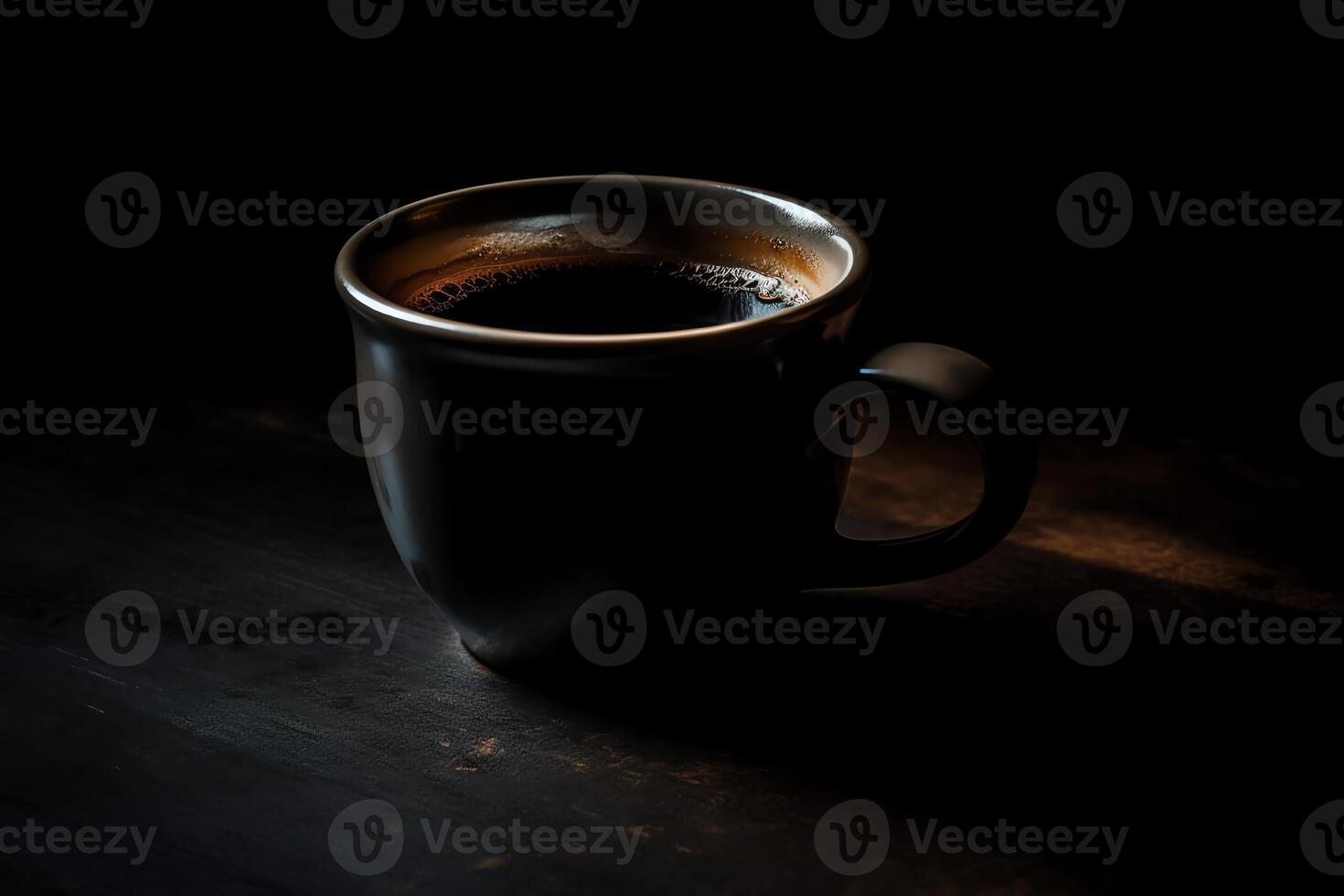 un negro café jarra es mostrado en un oscuro antecedentes con un sombra en el suelo y un negro antecedentes con un negro café jarra en él. ai generado foto