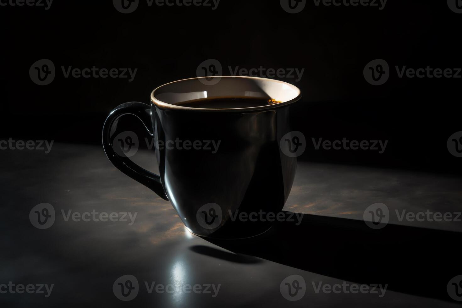 A black coffee mug is shown on a dark background with a shadow on the ground and a black background with a black coffee mug on it. photo