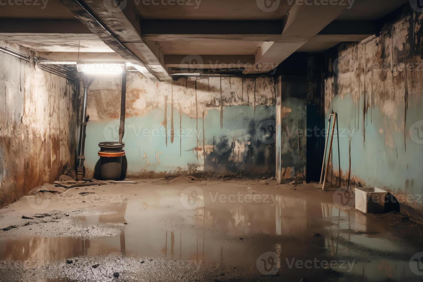 Basement under construction underwater with mold on wall. photo