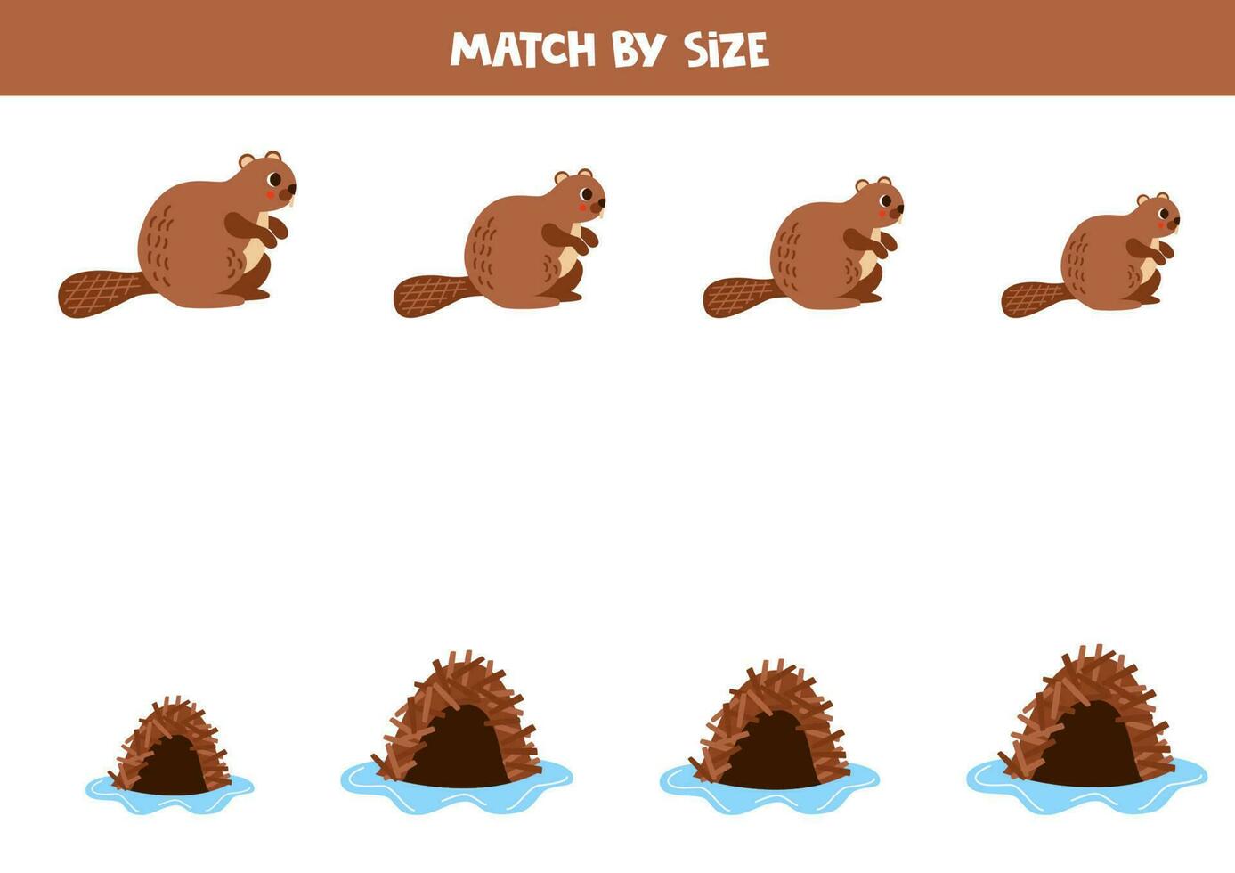 Matching game for preschool kids. Match beavers and lodges by size. vector