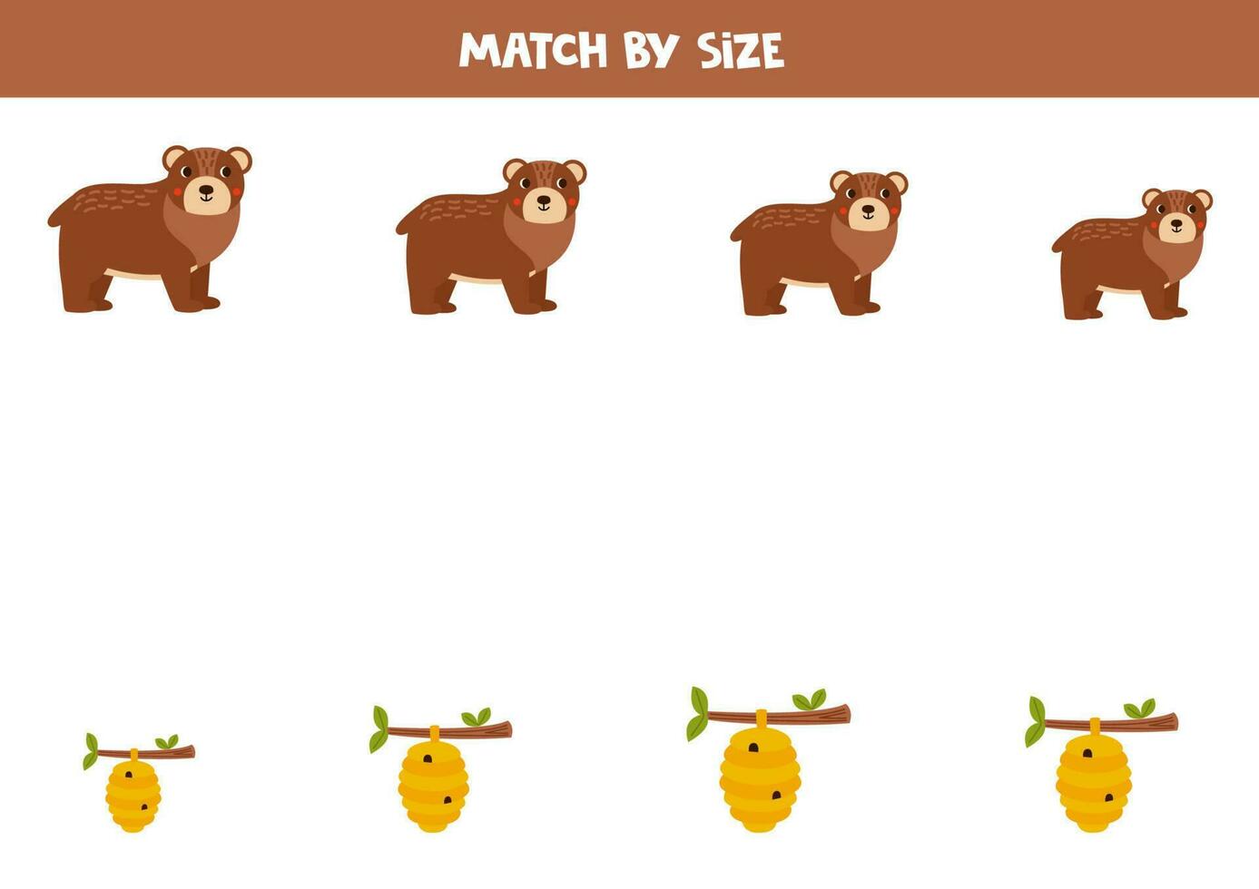 Matching game for preschool kids. Match bears and beehives by size. vector