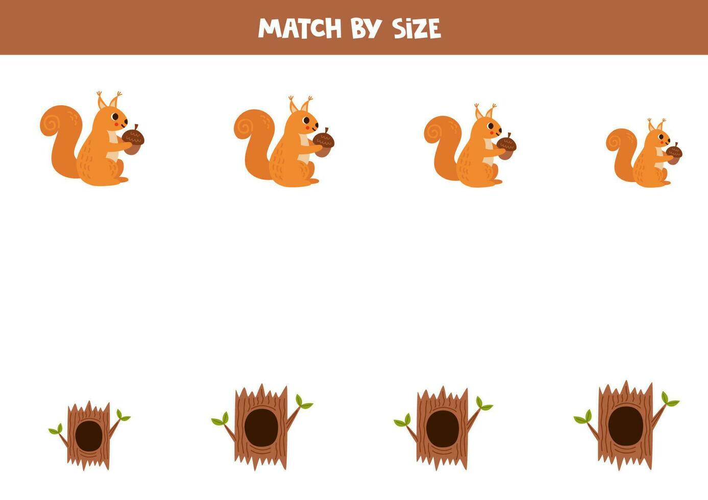 Matching game for preschool kids. Match squirrels and tree hollows by size. vector