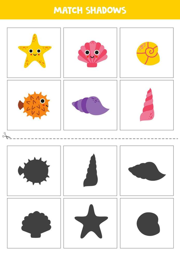 Find shadows of cute sea animals. Cards for kids. vector