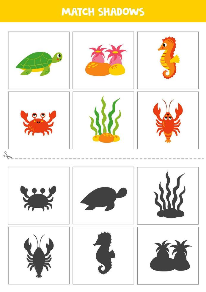 Find shadows of cute sea animals. Cards for kids. vector