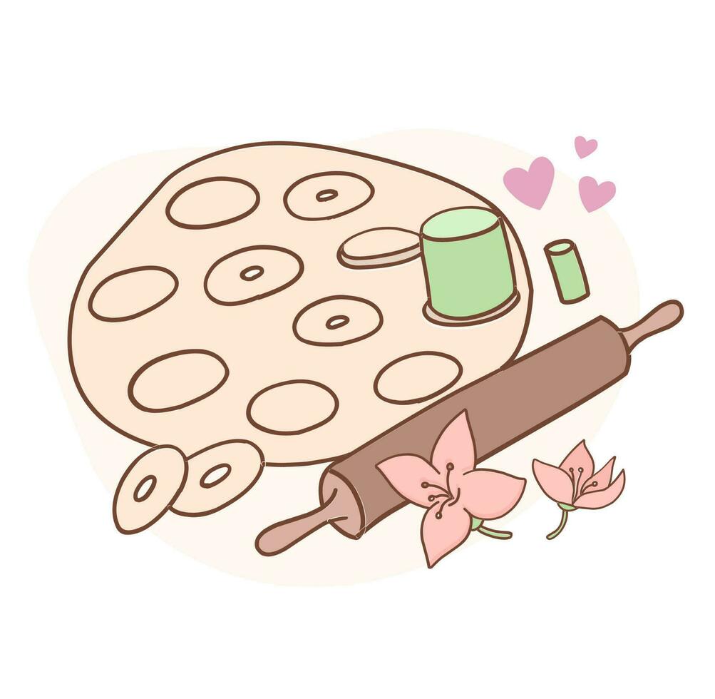 Dough preparation. Rolling pin, baking dish and dough. Decorated with vanilla flowers. Cooking theme. vector