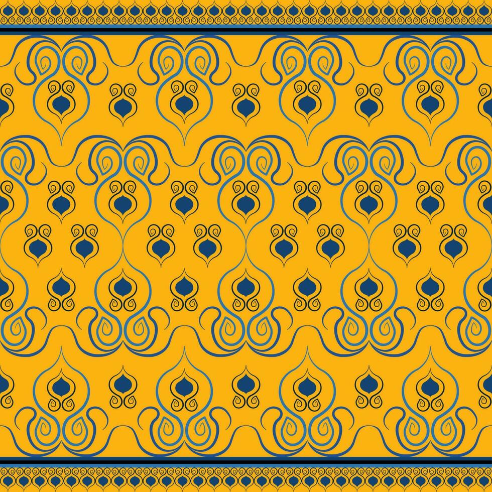 Ethnic folk geometric seamless pattern in yellow and blue in vector illustration design for fabric, mat, carpet, scarf, wrapping paper, tile and more