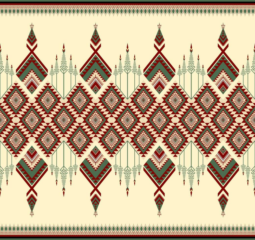 Ethnic folk geometric seamless pattern in soft red and green in vector illustration design for fabric, mat, carpet, scarf, wrapping paper, tile and more