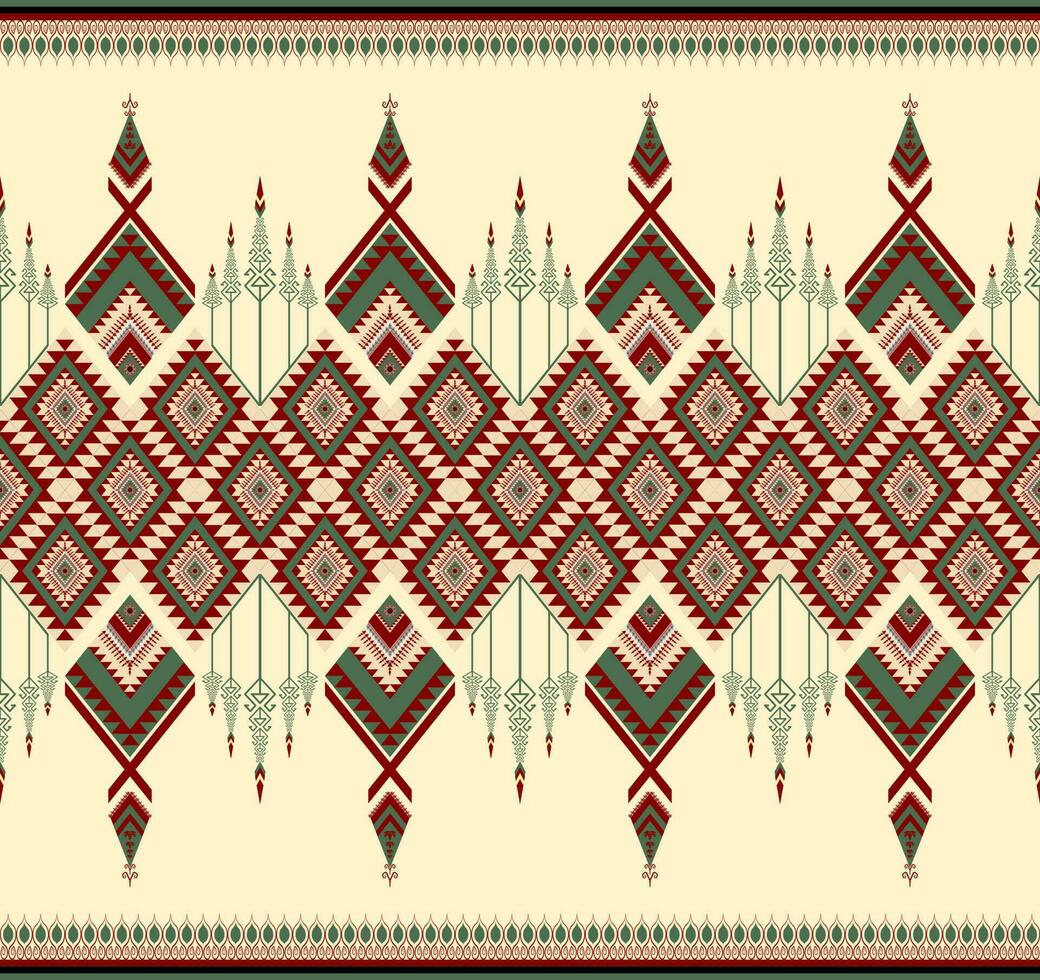 Ethnic folk geometric seamless pattern in soft red and green in vector illustration design for fabric, mat, carpet, scarf, wrapping paper, tile and more