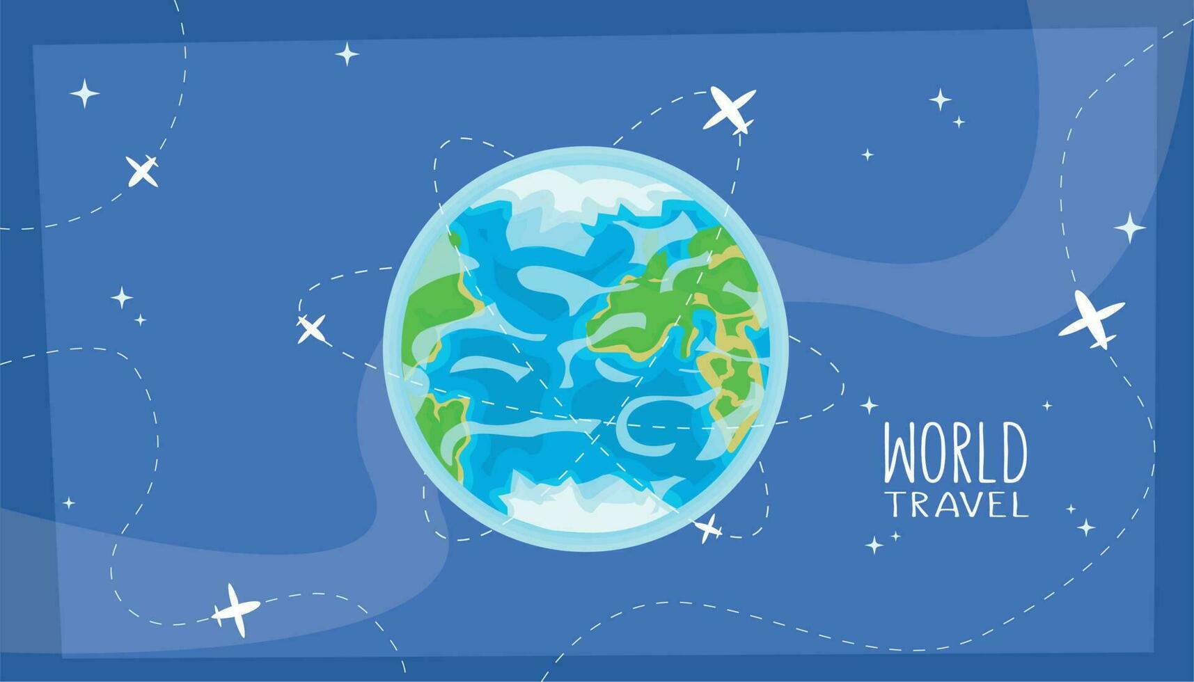 Vector travelling postcard with planet Earth and planes around it.