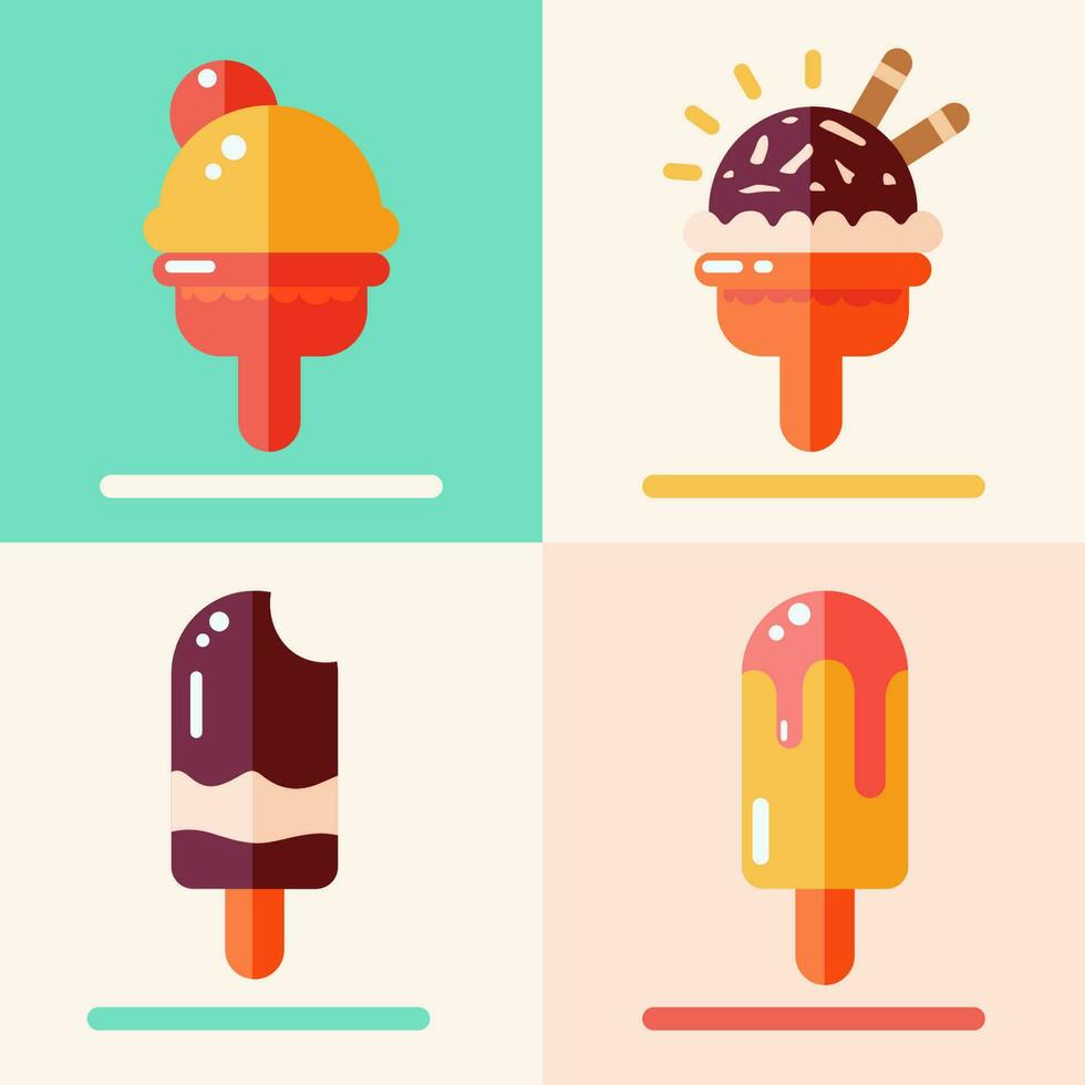 Sweet and tasty ice cream collection, set of four vector ice cream illustrations in a flat style, decorative design elements, objects.