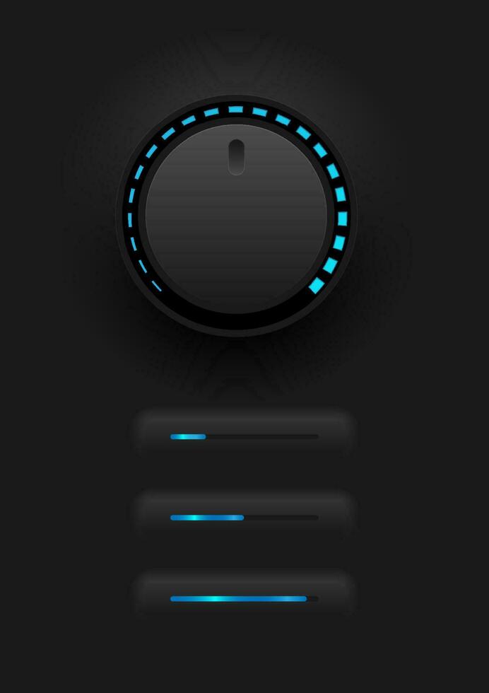 abstract electronic technology circular volume knob and led light minimum and to maximum square 3 with led indicator black gradient background vector