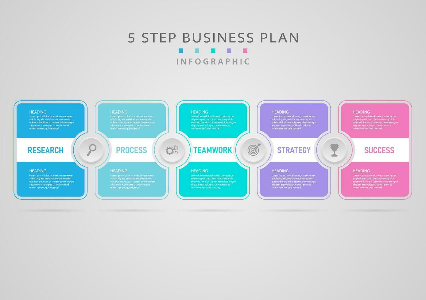modern infographic 5 steps business plan success square and circle platel Multi color icons in center gray gradient background. Design for marketing, investment, finance, planning, product. vector
