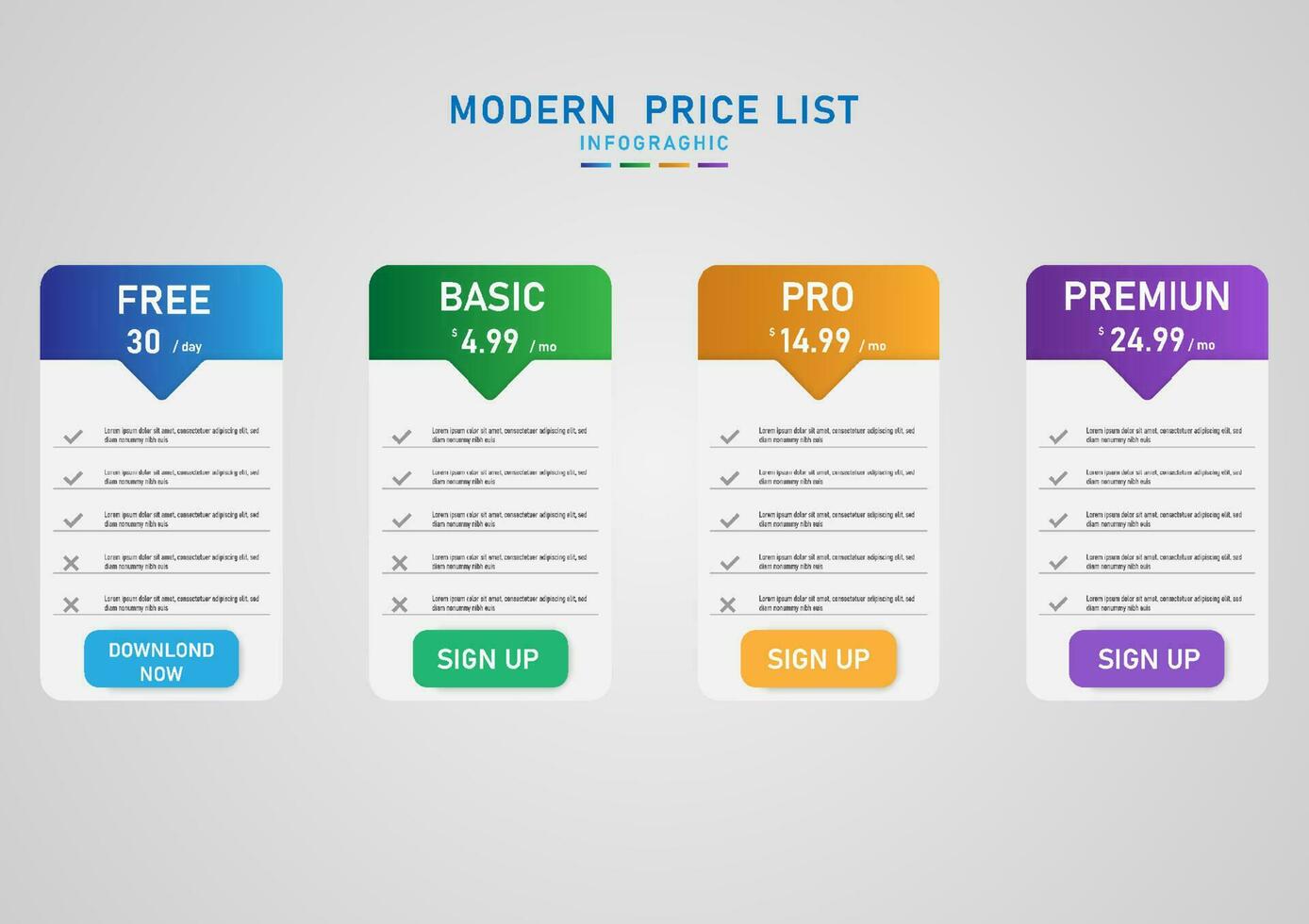 Modern Infograph subscription price list multi colored squares button with text above the letter price numbers vertical check mark gray gradient background vector