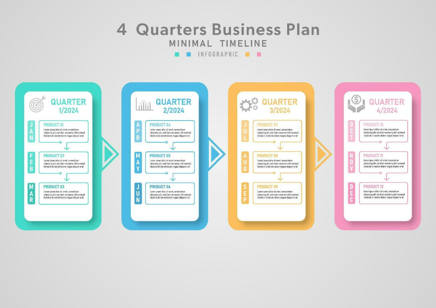 Minimal Infographics Business growth planning 4 quarter timeline multicolored by month For investment, marketing, finance, product, project gray gradient background vector