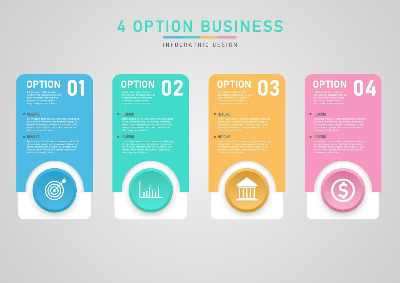 4 Options Modern Business Infographic Square and Circle Platel Multi color icons in center gray gradient background. Design for marketing, investment, finance, planning, product. vector