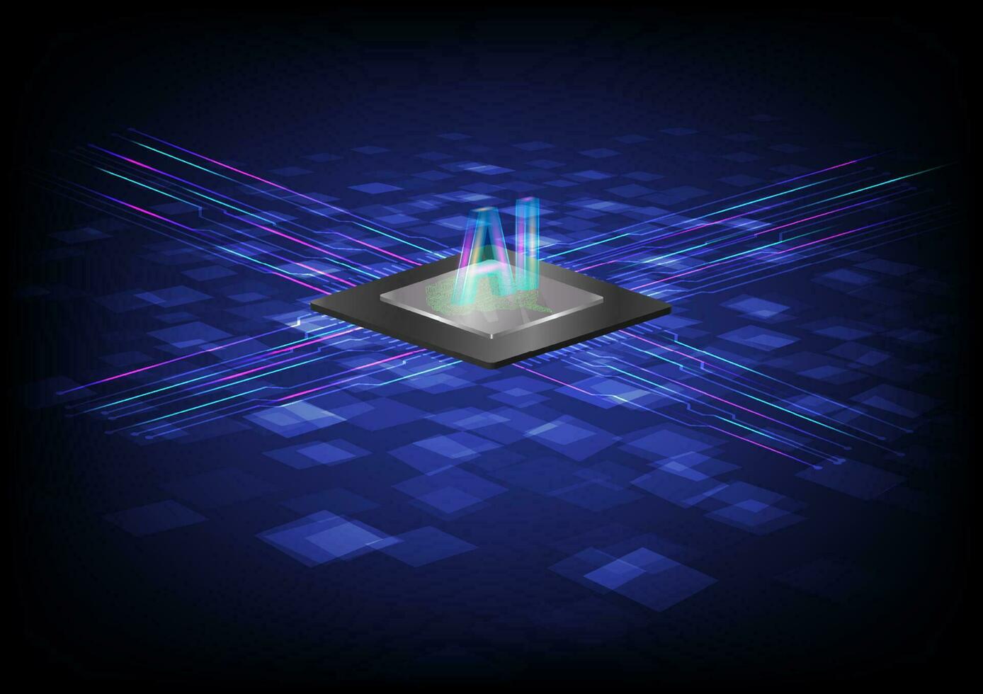 abstract 3d perspective technology brain microchip artificial intelligence AI machine learning font glows circuit lines with light overlapping squares below. blue gradient background vector