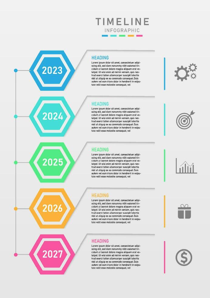 5 years timeline infographic vertical. multi colored hexagon numbers. Left line and point, right icon, design for business, marketing, finance, investment, product. vector