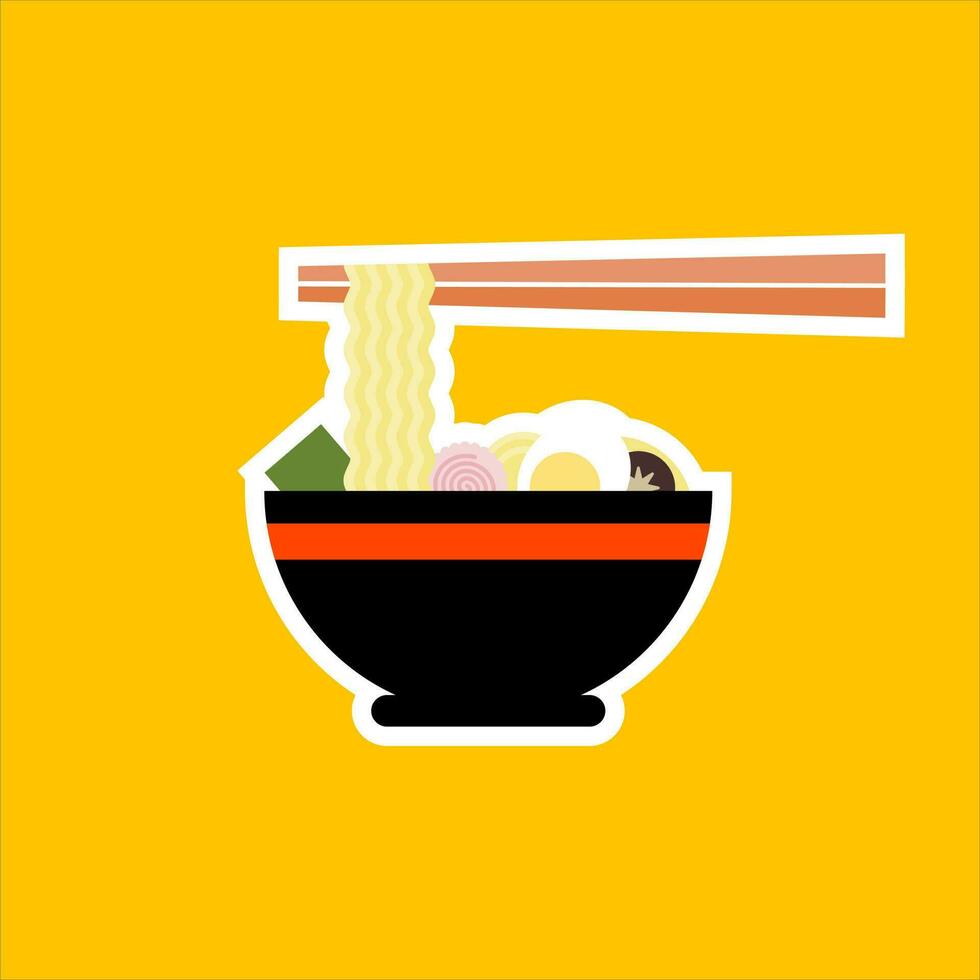 ramen flat design vector illustration. Japanese ramen soup, Japanese cuisine vector illustration. Bowl of noodles with a pair of chopsticks.