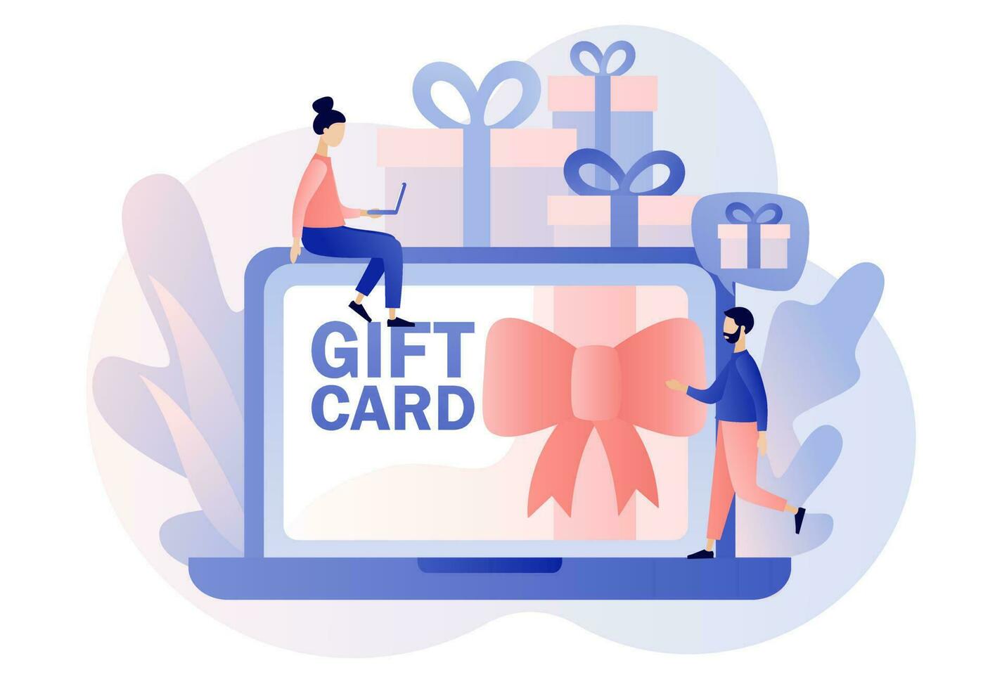 Online gift card, certificate, voucher or coupon. Promotion strategy concept. Sale, loyalty program, bonus, marketing. Modern flat cartoon style. Vector illustration on white background