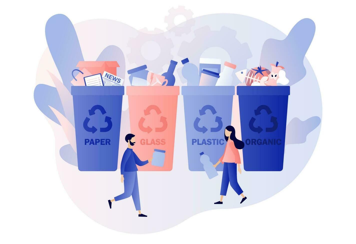 Recycling garbage. Tiny people sorting garbage waste, paper, glass, plastic, organic in containers for recycling and reuse. Zero waste concept. Modern flat cartoon style. Vector illustration