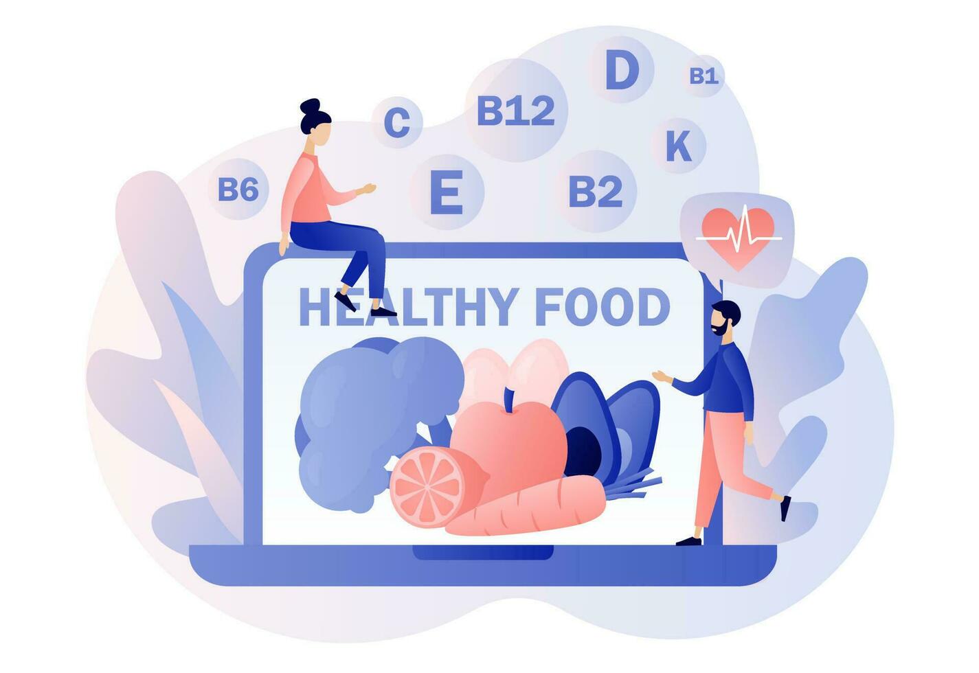 Healthy food - text on laptop screen. Tiny people consume healthy organic nutrition with vitamins. Nutritionist online. Modern flat cartoon style. Vector illustration on white background